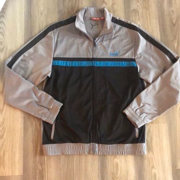 MENS PUMA JACKET RETRO LOOKING GRAY WITH TEAL AND BLACK EEEUC SIZE MEDIUM - Picture 1 of 7